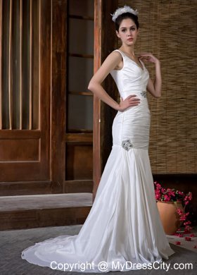 Cheap Mermaid V-neck Taffeta Ruche and Beading Court Train Bridal Gown