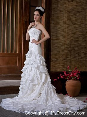 Mermaid Strapless Appliques and Ruffled Layers Chapel Train Wedding Dress