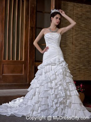 Mermaid Strapless Appliques and Ruffled Layers Chapel Train Wedding Dress