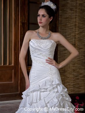 Mermaid Strapless Appliques and Ruffled Layers Chapel Train Wedding Dress