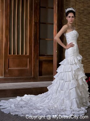 Mermaid Strapless Appliques and Ruffled Layers Chapel Train Wedding Dress