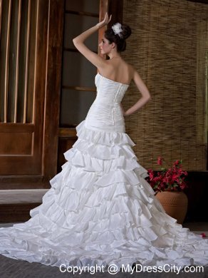 Mermaid Strapless Appliques and Ruffled Layers Chapel Train Wedding Dress