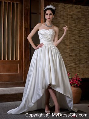Unique Long High-low Sweetheart A-line Ruching and Flowers Wedding Dress