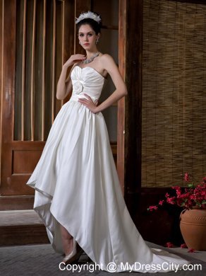 Unique Long High-low Sweetheart A-line Ruching and Flowers Wedding Dress