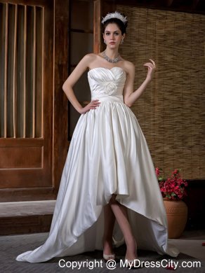 Unique Long High-low Sweetheart A-line Ruching and Flowers Wedding Dress