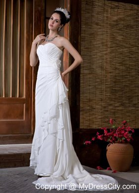Slinky Sweetheart Court Train Ruching Chiffon Wedding Dress with Flower