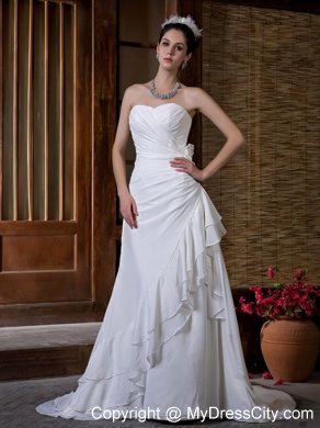 Slinky Sweetheart Court Train Ruching Chiffon Wedding Dress with Flower