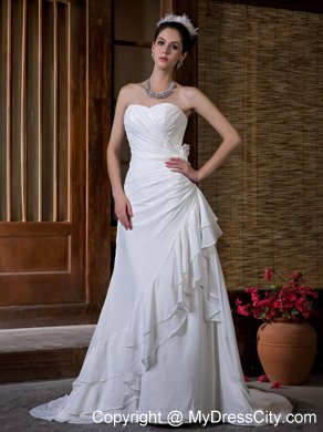 Slinky Sweetheart Court Train Ruching Chiffon Wedding Dress with Flower