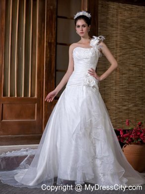 2013 Cheap A-line One Ruffle Shoulder Appliques Flowery Wedding Dress