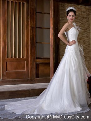 2013 Cheap A-line One Ruffle Shoulder Appliques Flowery Wedding Dress