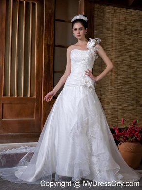 2013 Cheap A-line One Ruffle Shoulder Appliques Flowery Wedding Dress