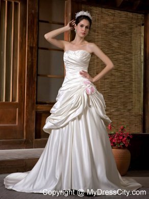 Luxurious A-line Strapless Chapel Train Ruching Flowery Wedding Dress