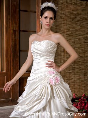 Luxurious A-line Strapless Chapel Train Ruching Flowery Wedding Dress
