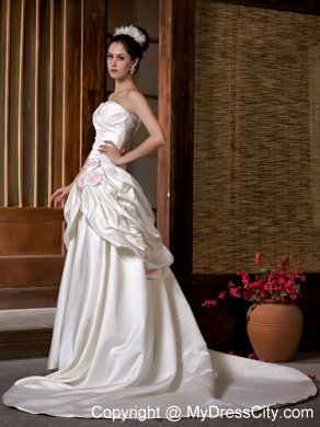 Luxurious A-line Strapless Chapel Train Ruching Flowery Wedding Dress