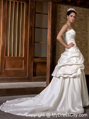 Luxurious A-line Strapless Chapel Train Ruching Flowery Wedding Dress