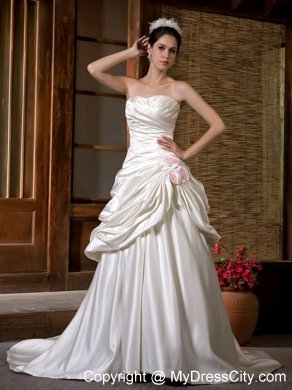 Luxurious A-line Strapless Chapel Train Ruching Flowery Wedding Dress