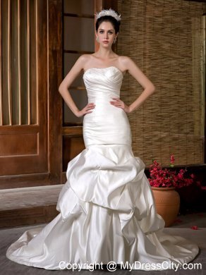 Fashion Mermaid Strapless Chapel Train Beading and Ruche Wedding Dress