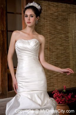 Fashion Mermaid Strapless Chapel Train Beading and Ruche Wedding Dress