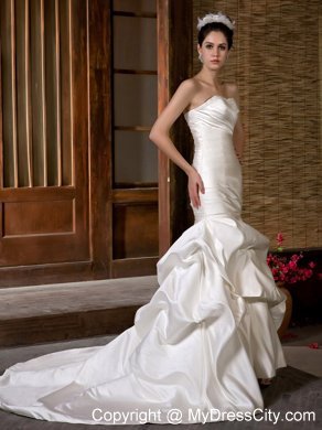 Fashion Mermaid Strapless Chapel Train Beading and Ruche Wedding Dress