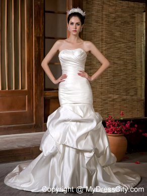 Fashion Mermaid Strapless Chapel Train Beading and Ruche Wedding Dress