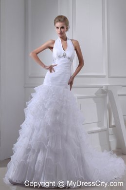 Romantic Beading and Ruffles A-line Halter Top Court Train Wedding Dress