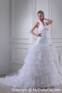 Romantic Beading and Ruffles A-line Halter Top Court Train Wedding Dress
