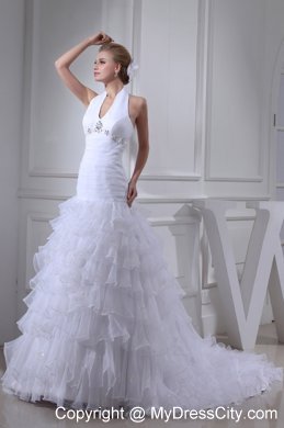 Romantic Beading and Ruffles A-line Halter Top Court Train Wedding Dress