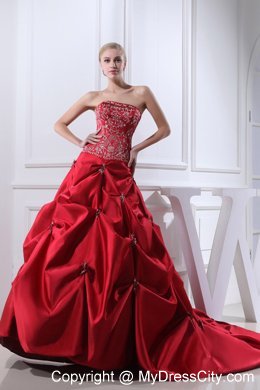 Best Wine Red Embroidery Pick-ups Chapel Train Ball Gown for Weddings