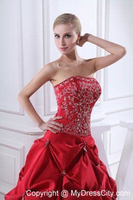 Best Wine Red Embroidery Pick-ups Chapel Train Ball Gown for Weddings