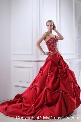 Best Wine Red Embroidery Pick-ups Chapel Train Ball Gown for Weddings