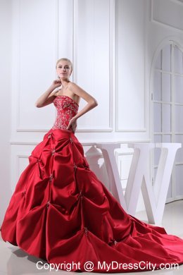 Best Wine Red Embroidery Pick-ups Chapel Train Ball Gown for Weddings