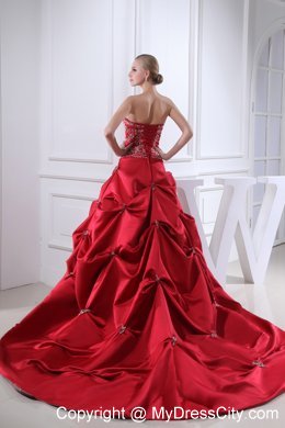 Best Wine Red Embroidery Pick-ups Chapel Train Ball Gown for Weddings