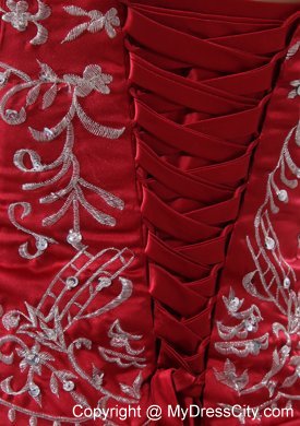 Best Wine Red Embroidery Pick-ups Chapel Train Ball Gown for Weddings