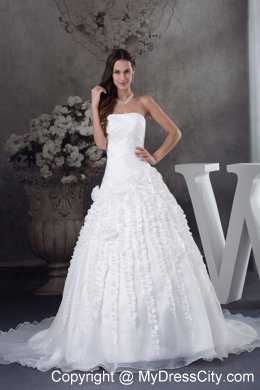 Ruched Strapless A-line Court Train Bridal Dresses with Vertical Ruffled Stripes