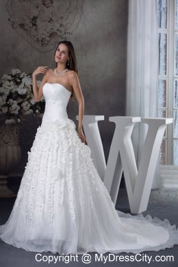 Ruched Strapless A-line Court Train Bridal Dresses with Vertical Ruffled Stripes