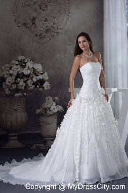 Ruched Strapless A-line Court Train Bridal Dresses with Vertical Ruffled Stripes
