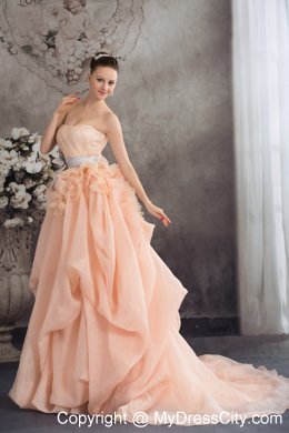Baby Pink A-line Strapless Ruffled Court Train Wedding Dress with Sliver Sash