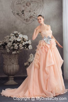 Baby Pink A-line Strapless Ruffled Court Train Wedding Dress with Sliver Sash