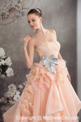 Baby Pink A-line Strapless Ruffled Court Train Wedding Dress with Sliver Sash