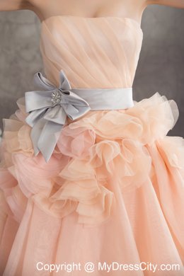 Baby Pink A-line Strapless Ruffled Court Train Wedding Dress with Sliver Sash