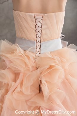 Baby Pink A-line Strapless Ruffled Court Train Wedding Dress with Sliver Sash