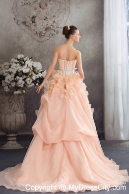 Baby Pink A-line Strapless Ruffled Court Train Wedding Dress with Sliver Sash