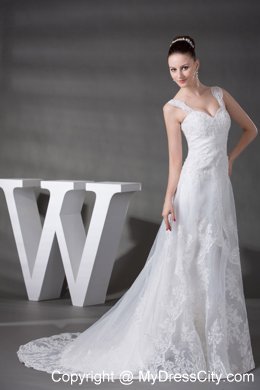 2013 High Quality A-line Lace Court Train Bridal Dresses with Wide Straps