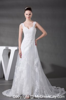 2013 High Quality A-line Lace Court Train Bridal Dresses with Wide Straps