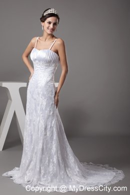 Good Quality Spaghetti Straps Lace A-line Wedding Dress with Court Train