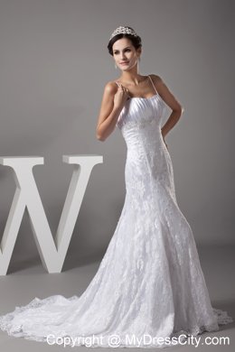 Good Quality Spaghetti Straps Lace A-line Wedding Dress with Court Train