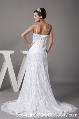 Good Quality Spaghetti Straps Lace A-line Wedding Dress with Court Train