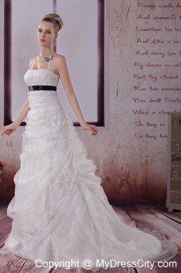 Dramatic White Halter Top Brush Train A-Line Appliques Wedding Dress