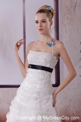 Dramatic White Halter Top Brush Train A-Line Appliques Wedding Dress