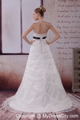 Dramatic White Halter Top Brush Train A-Line Appliques Wedding Dress